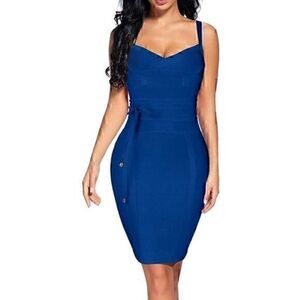 Royal Blue V neck Bandage dress Straps Sashes Sleeve Bodycon Dress M